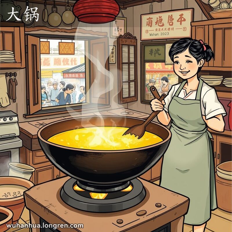 一个传统武汉厨房，大号铁锅放在炉子上，妇女准备翻炒，背景是热闹的街市