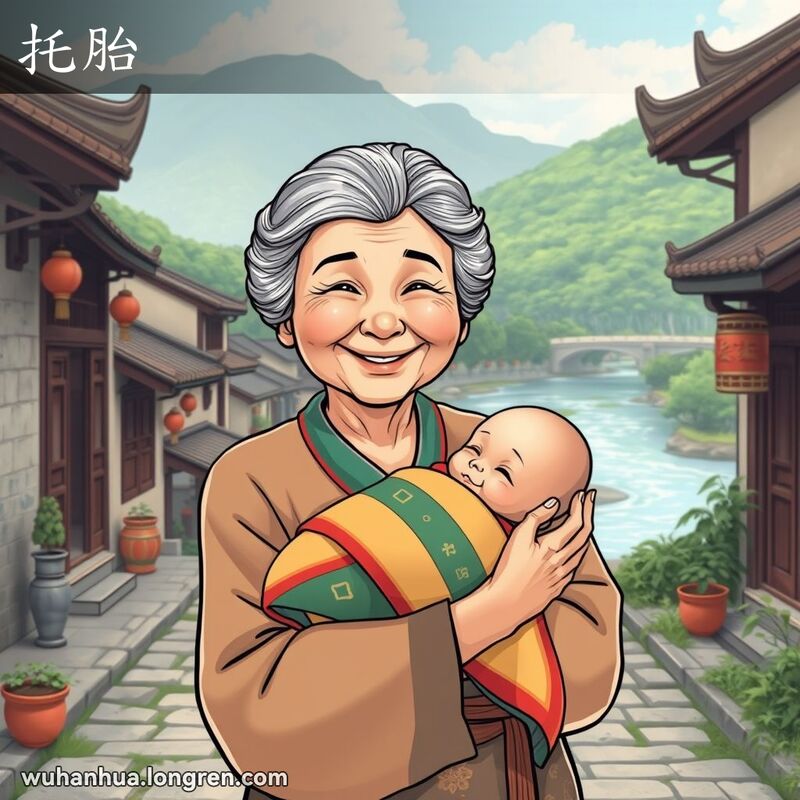 一位慈祥的老妇人抱着婴儿，背景是宁静的中国传统街景和自然风光，象征新生命的到来。