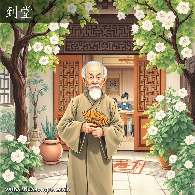 一位睿智的武汉老人站在传统庭院中，周围绿意盎然，背景中家人围坐享用餐食，象征和谐与完整。
