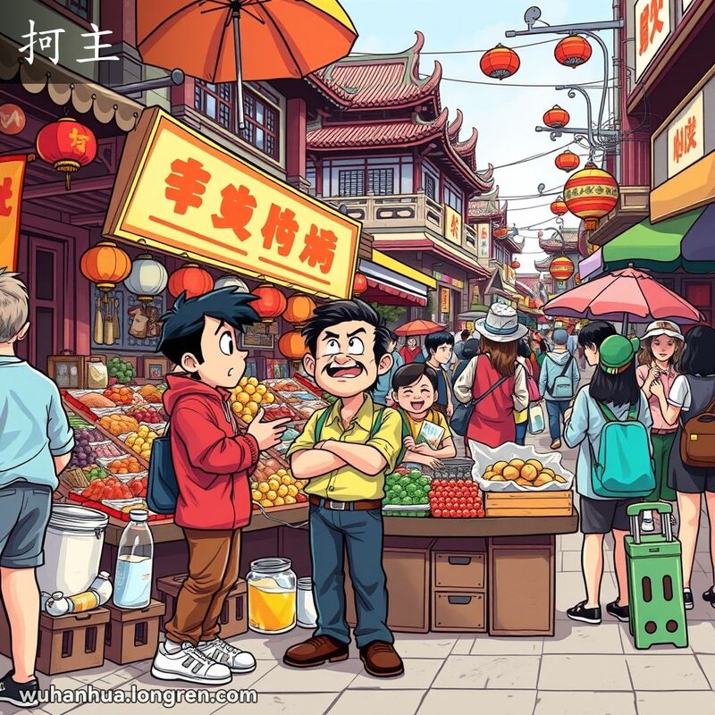 一位顾客在武汉市场摊位前看着价格标签露出“抲主”的表情，背景是繁忙的街市