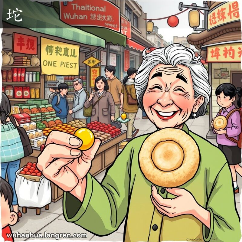 武汉街市场景，老奶奶递糖果给孩子，背景有年糕摊位和喧闹的市场。