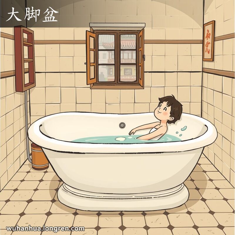 一个人在复古浴室中的大洗澡盆里放松，背景是老式瓷砖和武汉街景
