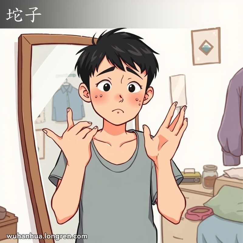 一位年轻人站在镜子前，检查皮肤上的小凸起，表情担忧