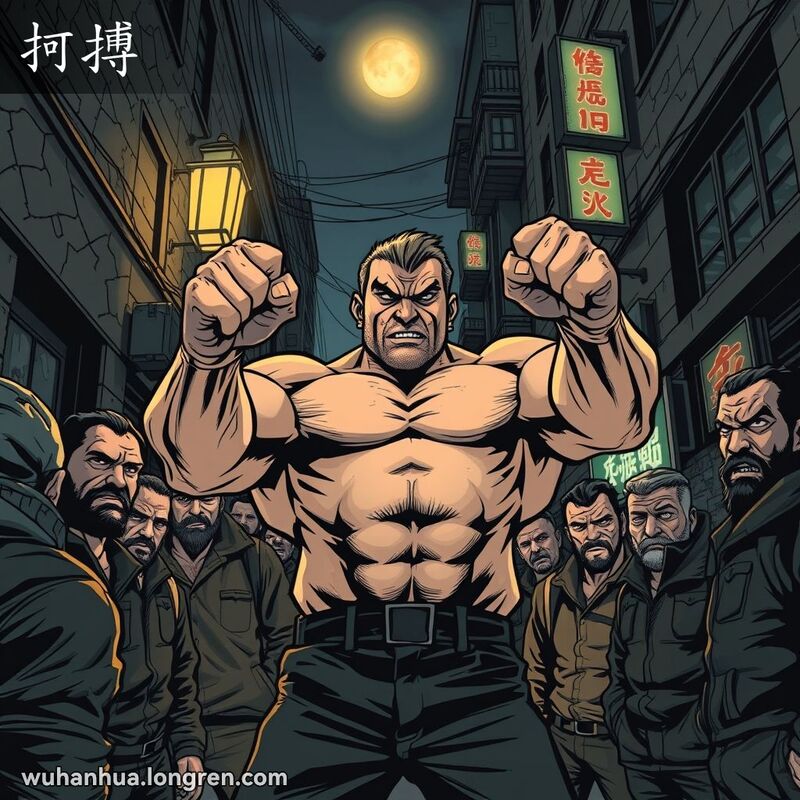 一群男人在武汉的小巷中，主角做出威胁性手势，背景是破旧的老建筑，画面紧张对抗。