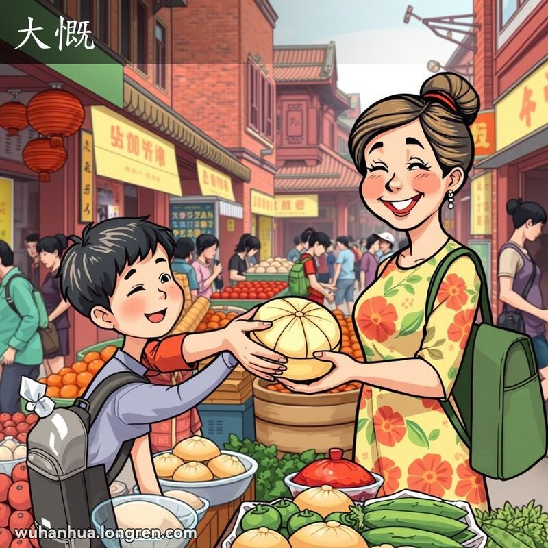 武汉市场中，一位友善的女性正将大馒头递给一位年轻的顾客，背景是热闹的市场和摊贩。