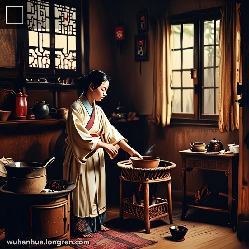 一位穿着传统中式服装的女子站在温馨的武汉老房子里，手中拿着一块湿布，背景有传统炉灶和湿衣服
