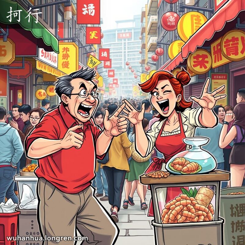 两位武汉小贩在街头摊位前竞争顾客，背景是繁忙的街市