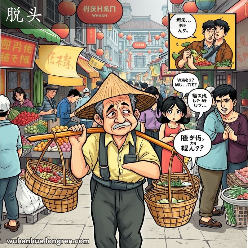 武汉传统市场中，一位中年男子挑着竹竿，篮子掉落，表情沮丧；背景中有争吵的情侣，象征关系破裂。