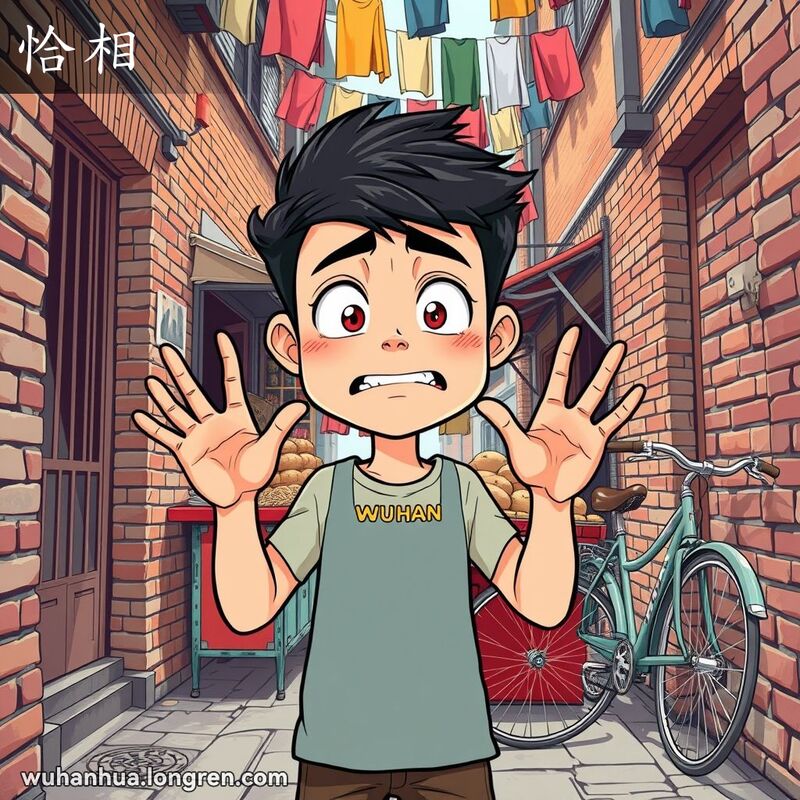 一位年轻人在武汉巷子里，表情尴尬夸张，背景有小吃摊和自行车