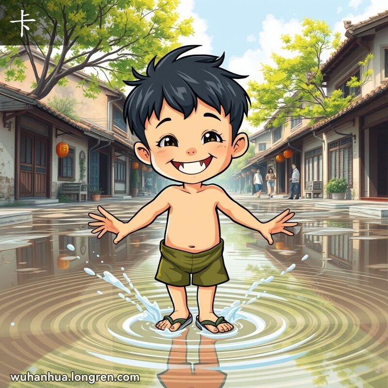 一个小男孩穿着拖鞋在水坑中踩水，背景是武汉居民区