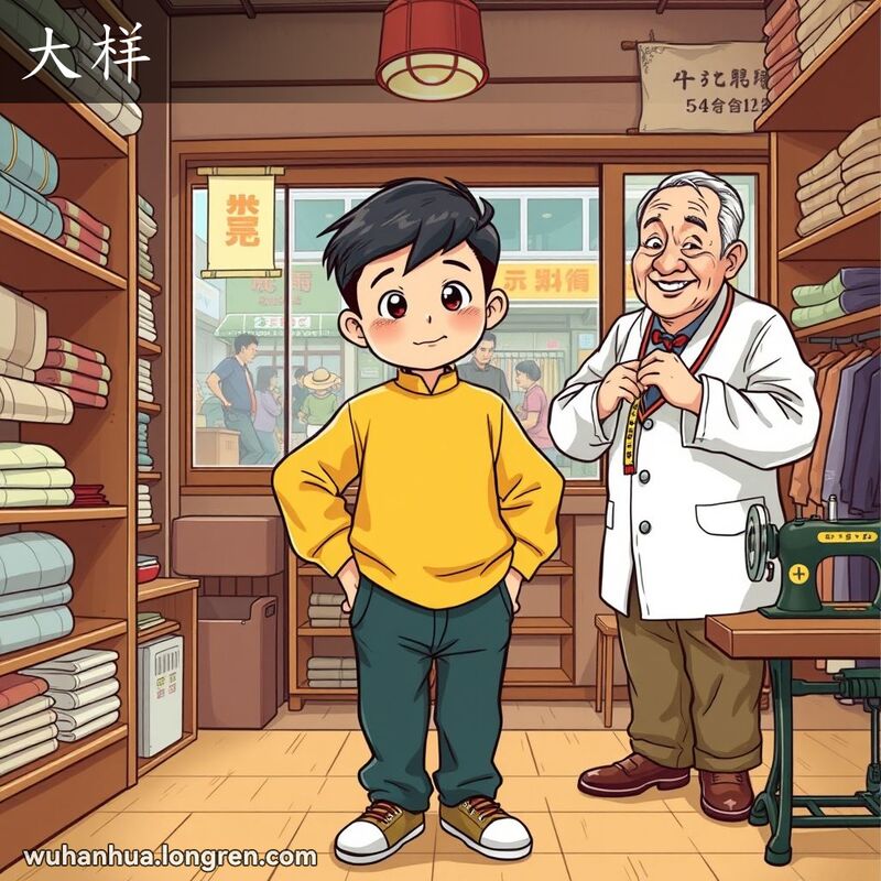 小男孩在裁缝店试穿宽大的新衣服，裁缝在调整，背景是传统的裁缝店和武汉街景