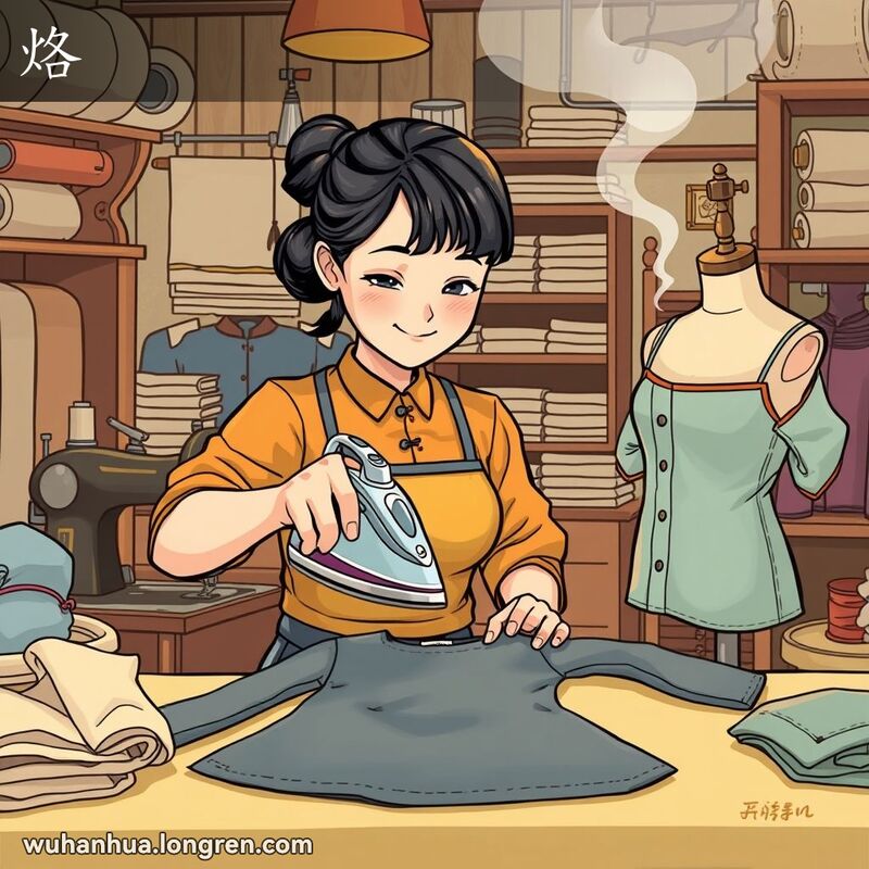 裁缝师在裁缝店中用熨斗压平衣服，背景有缝纫机和线轴