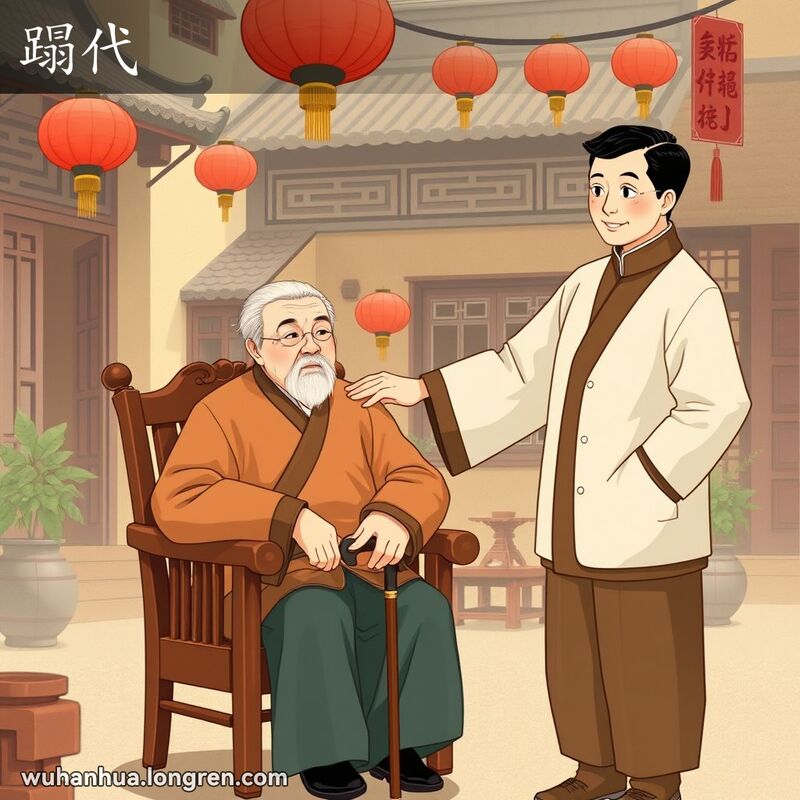 一个武汉家庭场景，老人坐在椅子上，儿子站在旁边，手放在老人肩膀上，背景是传统庭院。
