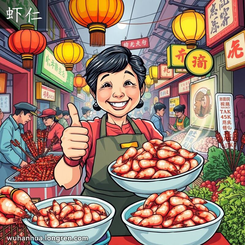武汉街头市场，摊贩展示一碗鲜虾仁，背景有其他摊位和传统装饰
