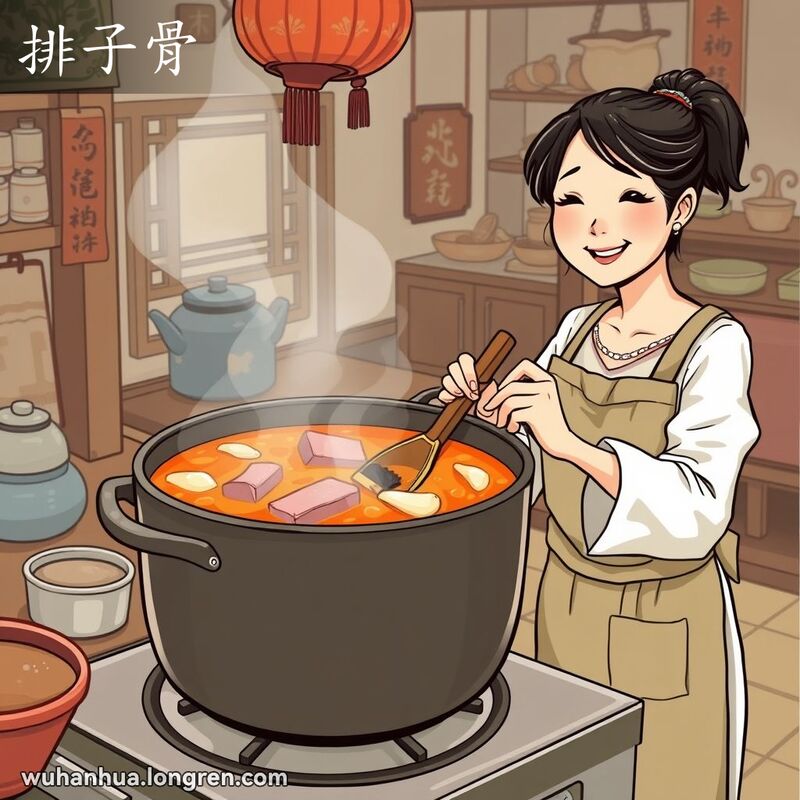 一位武汉妇女在厨房中烹饪排子骨煨藕汤，锅中有排骨和藕片，背景是温馨的家庭氛围