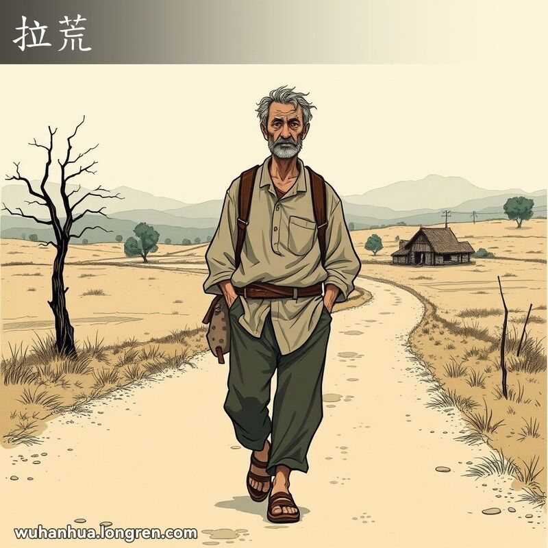 一位中年男子背着小背包，穿着破旧的衣服，孤身一人走在乡间小路上，背景是荒凉的乡村景象，表现“拉荒”的流浪生活。
