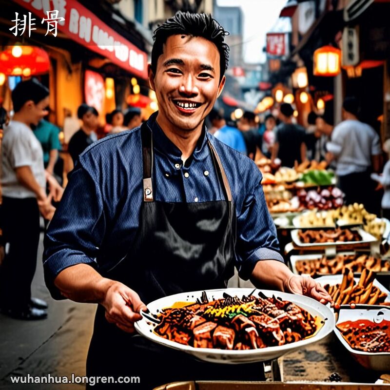 武汉街头厨师展示一盘糖醋排骨，背景是热闹的美食市场