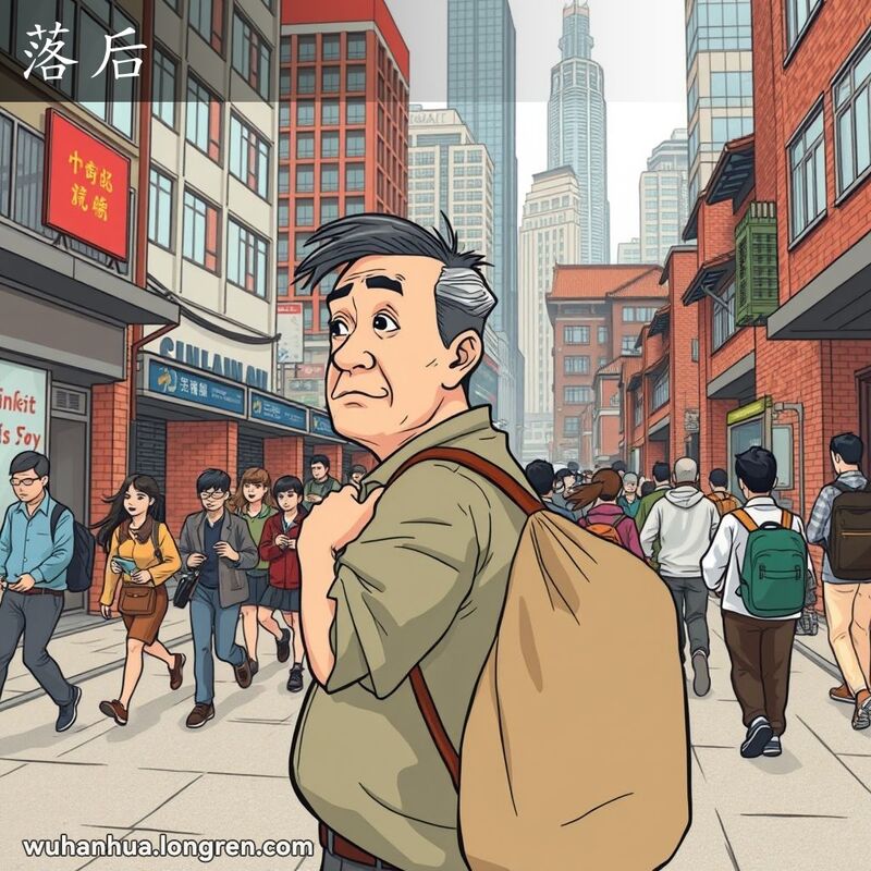一位中年男子在武汉街头行走，回头望向身后匆忙前行的人群，背景是老旧红砖墙和现代高楼并存的城市景象