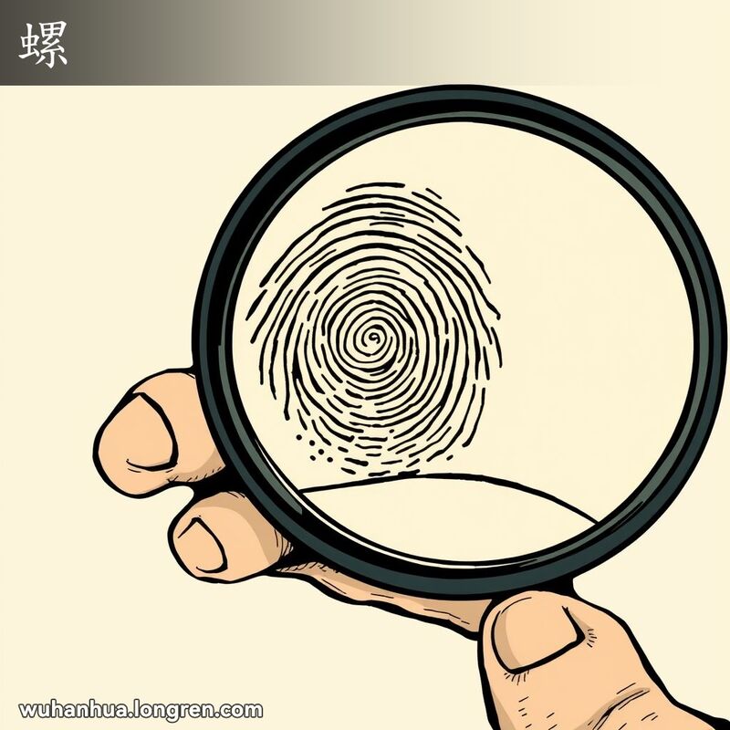 一只手拿着放大镜观察指纹，指纹呈现螺旋形纹路，背景简洁