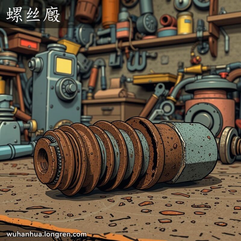 一个带有明显螺纹的机械零件放置在工作台上，背景是杂乱的工作间