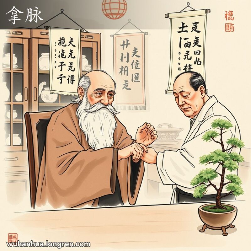 一位中医医生在诊所中为病人号脉，背景有中药柜子和书法条幅