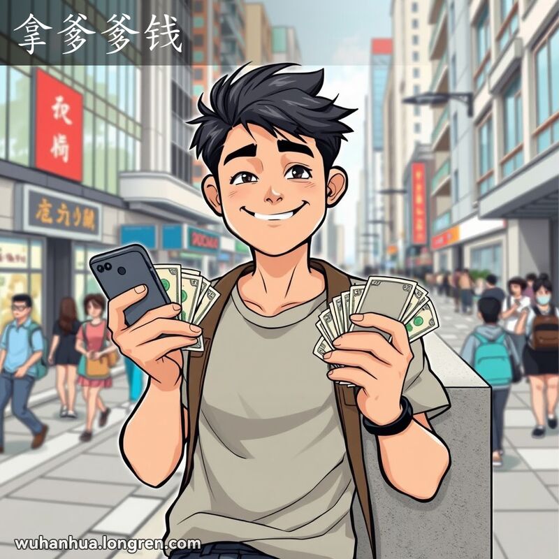 一位年轻男子靠在墙上，手拿钞票和手机，露出得意表情，背景是繁忙的城市街道