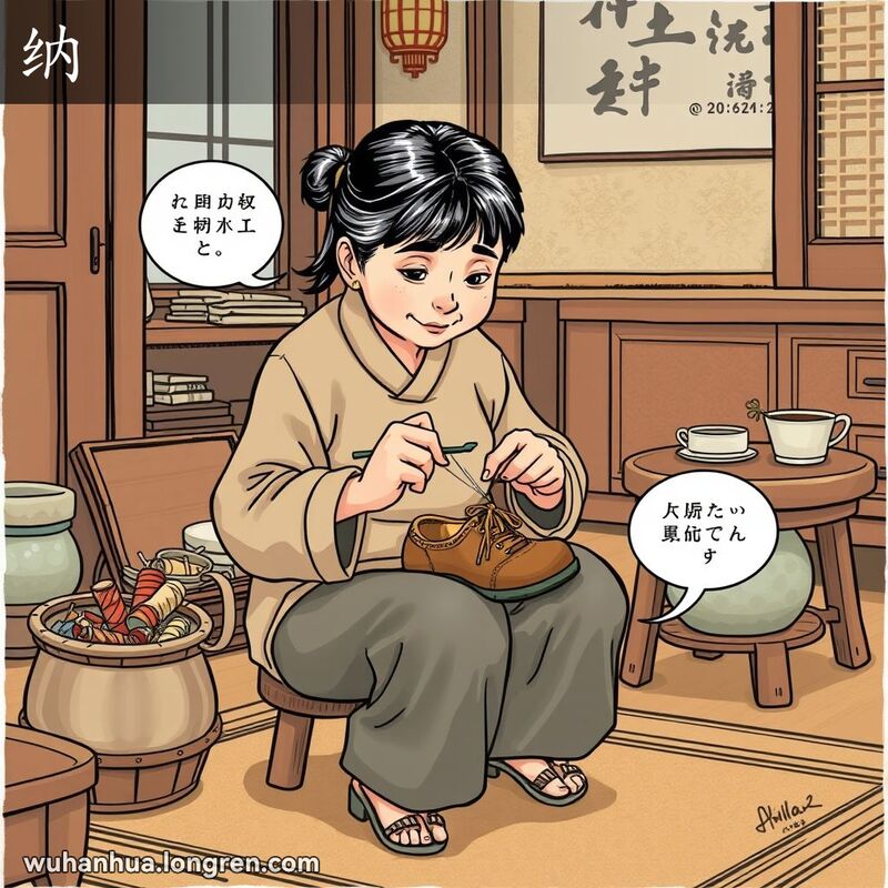 一位中年妇女在家中专注地用针线缝制鞋底，背景有缝纫篮和茶杯，房间布置温馨。