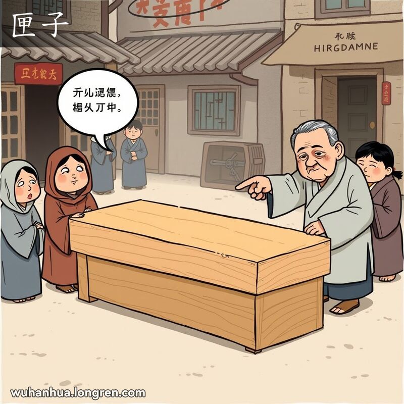传统武汉葬礼场景，简陋的木板棺材和不满的老人，背景是武汉老街