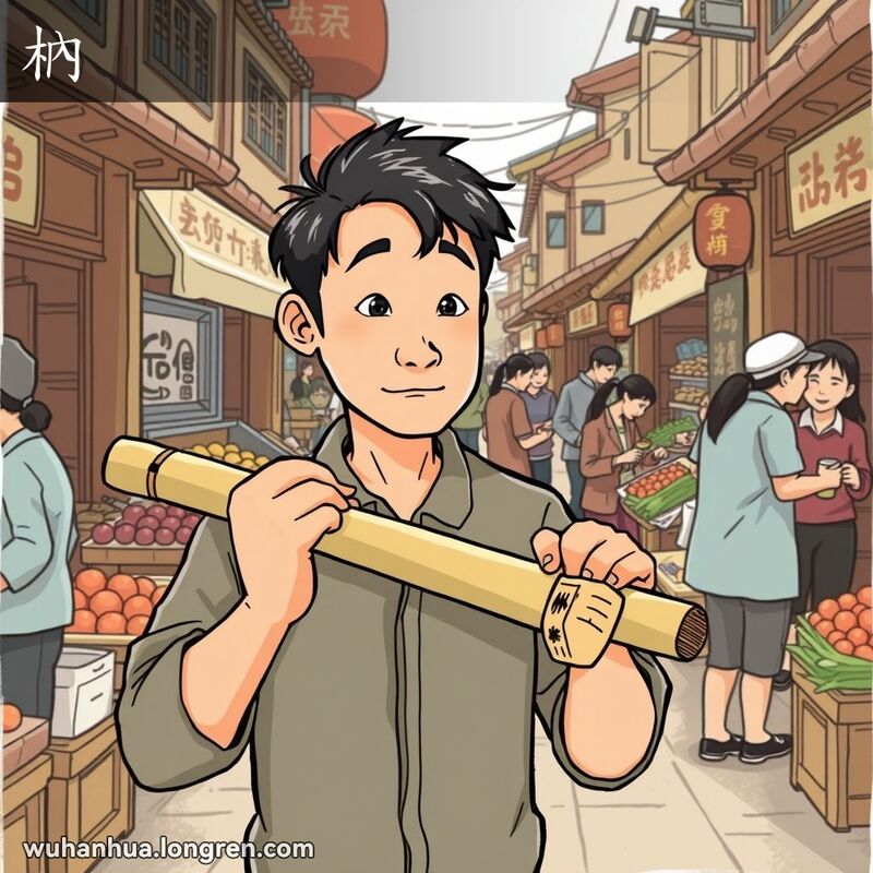 一位武汉市民在街市中使用扁担挑货，扁担两端插有小木楔“枘”，背景是热闹的街市景象
