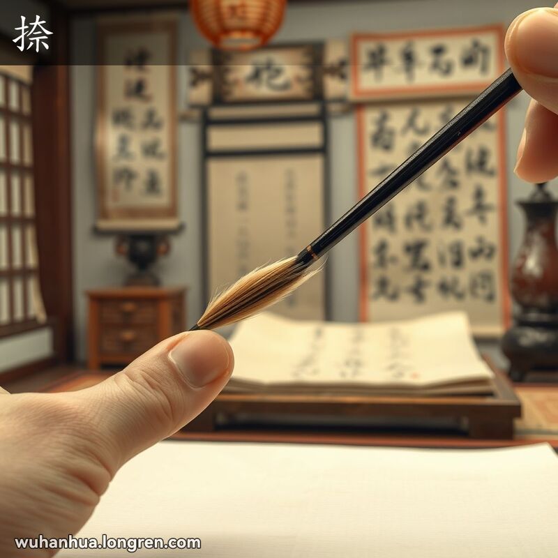 一只毛笔正在书写汉字的“捺”笔画，背景是宁静的书法室