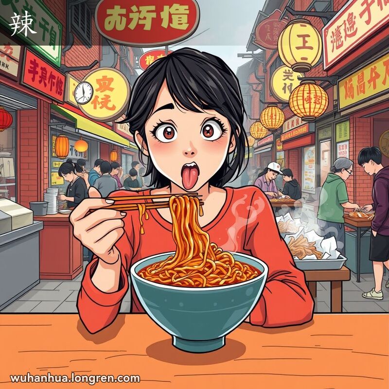 一位武汉女子在街边摊前吃辣味热干面，表情既痛苦又享受，背景是武汉老街景