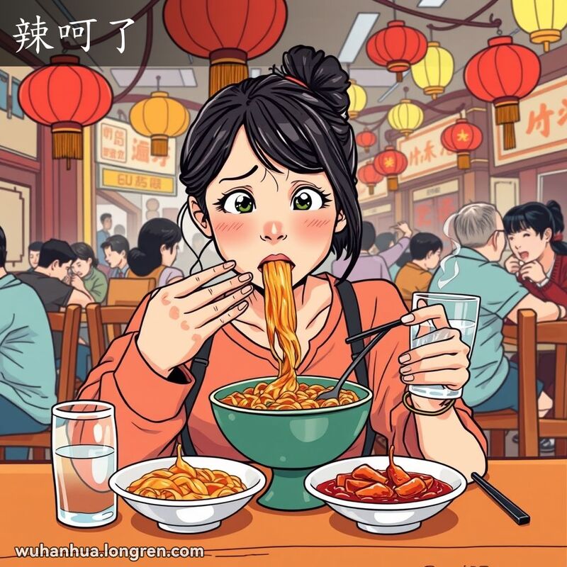 一位武汉女子在餐馆里尝辣味食物，脸色泛红，扇嘴巴，表情惊讶不适，背景是武汉街头小吃摊