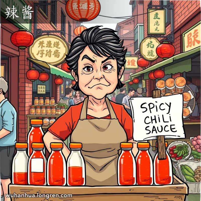 一位中年妇女在武汉街头市场的摊位后面，摊位上摆满了辣酱罐子，她的表情严肃而固执，背景是热闹的市场场景。