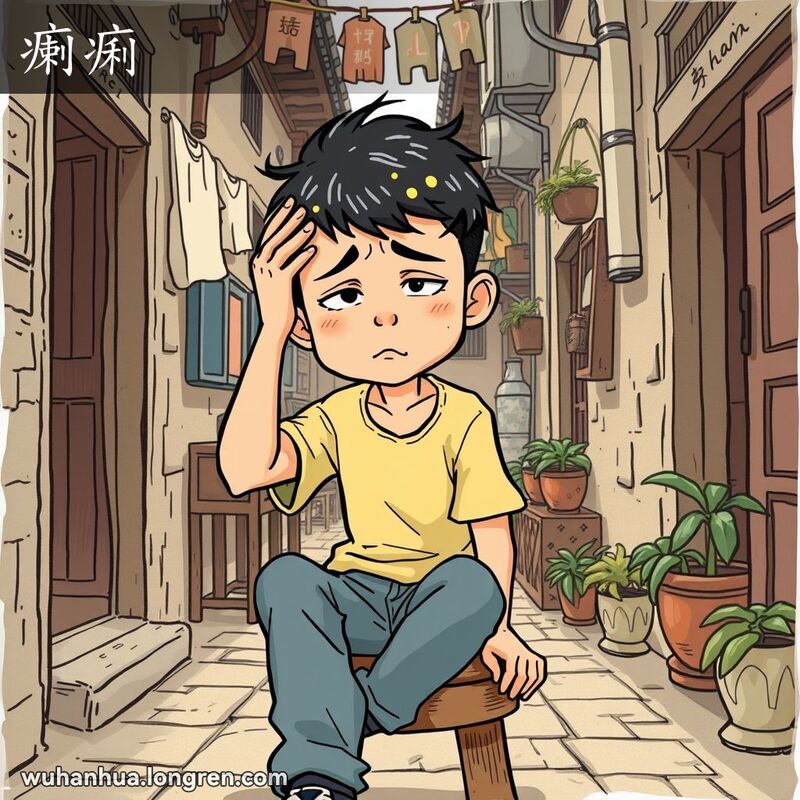 一位武汉年轻人坐在老街巷子里，头上长了黄癣，显得烦躁不适，背景是武汉老街景