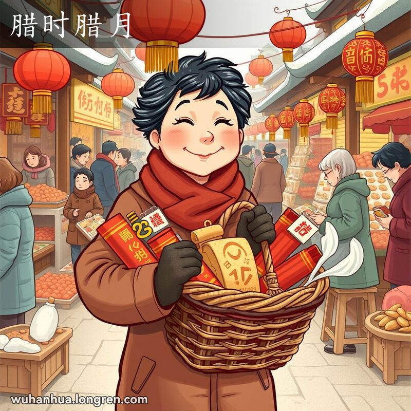 一位中年妇女在热闹的市场上购买年货，背景是繁忙的市场和各种年货摊位