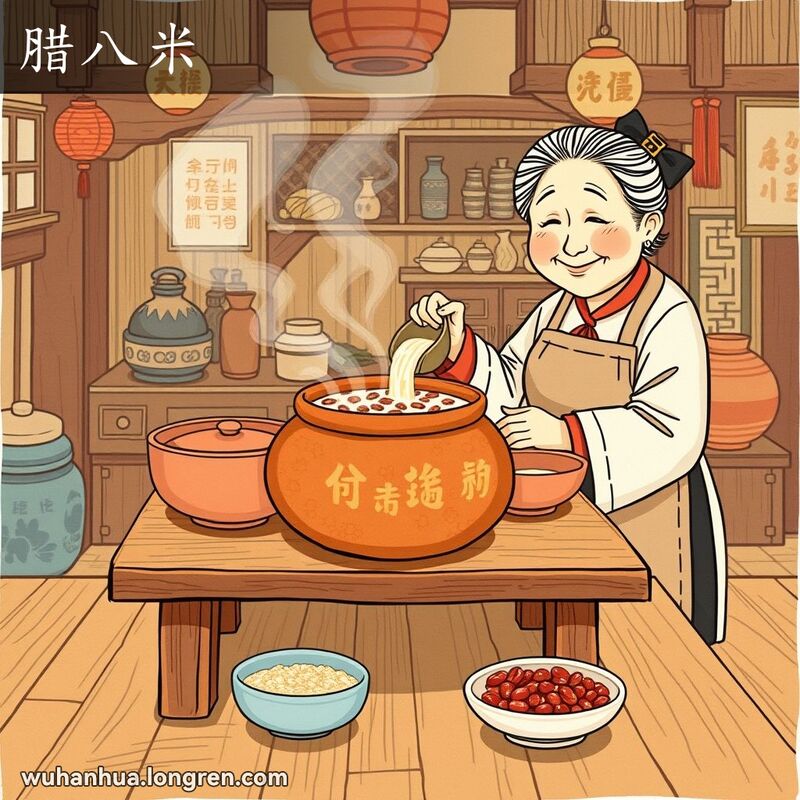 一位武汉奶奶在传统厨房中煮腊八粥，背景是老式厨房，充满温馨和怀旧的氛围。