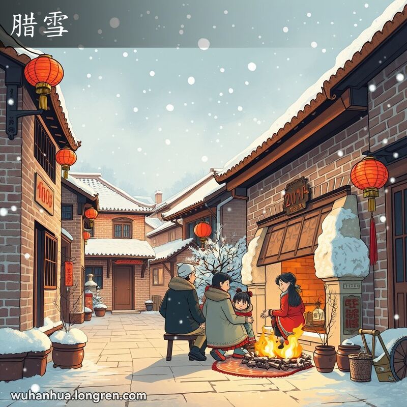 武汉冬季街景，雪花飘落，家庭围坐火炉旁，房间装饰红灯笼和春联。