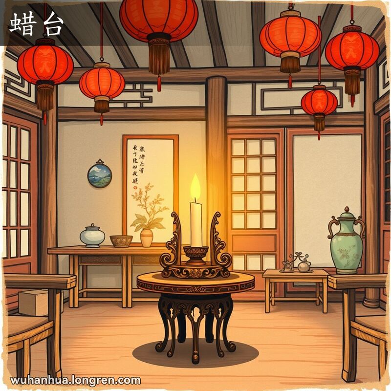 传统中式房间内，木质烛台上插着点燃的蜡烛，背景有屏风和古董花瓶