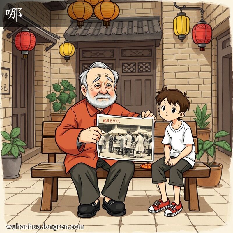 一位老人和一个小男孩坐在武汉老宅院的长椅上，老人指着老照片，背景是武汉老街景