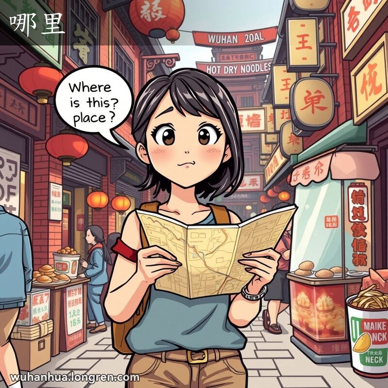 一位年轻的武汉女子站在街头市场，手持地图，露出好奇和困惑的表情，背景是武汉的传统街景