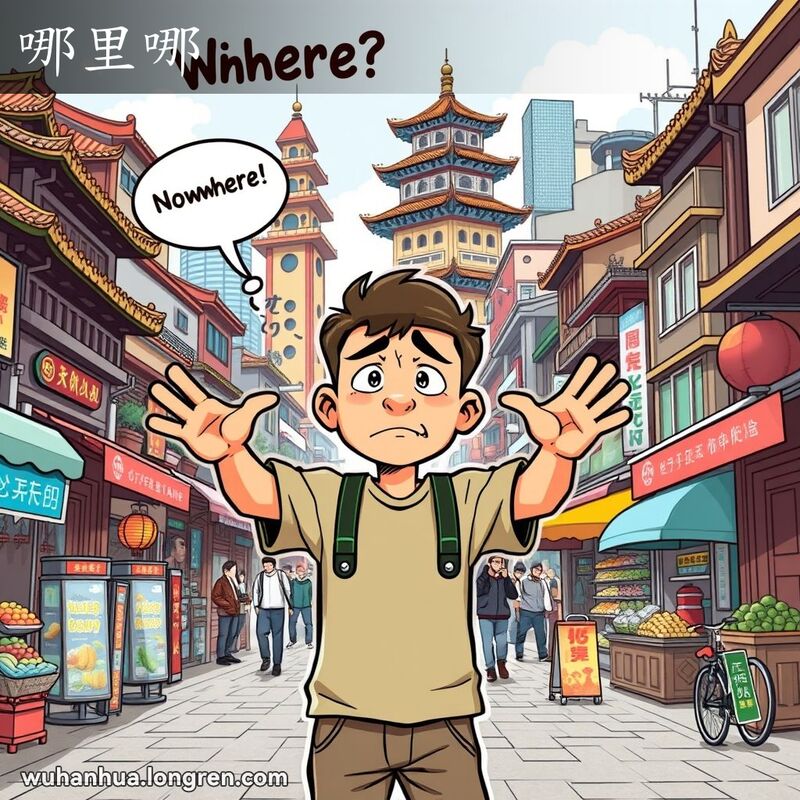 一位武汉市民站在街道上，双手挥舞，面露困惑和恼怒的表情，背景是武汉的地标建筑