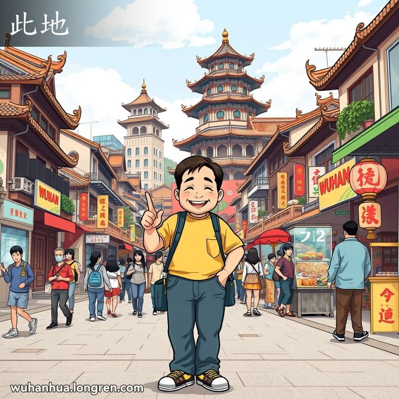 一位武汉市民站在繁忙街道上，骄傲地指着地面，背景是黄鹤楼和长江大桥