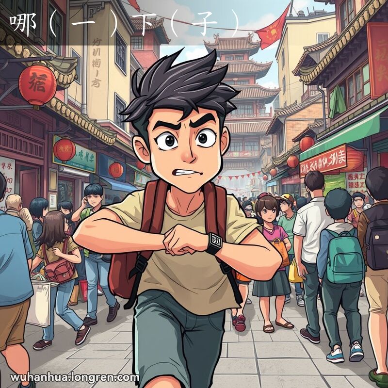 一位年轻人在武汉繁忙的街道上匆忙穿行，焦急地看着手表，背景是武汉的传统建筑和热闹的街头摊贩