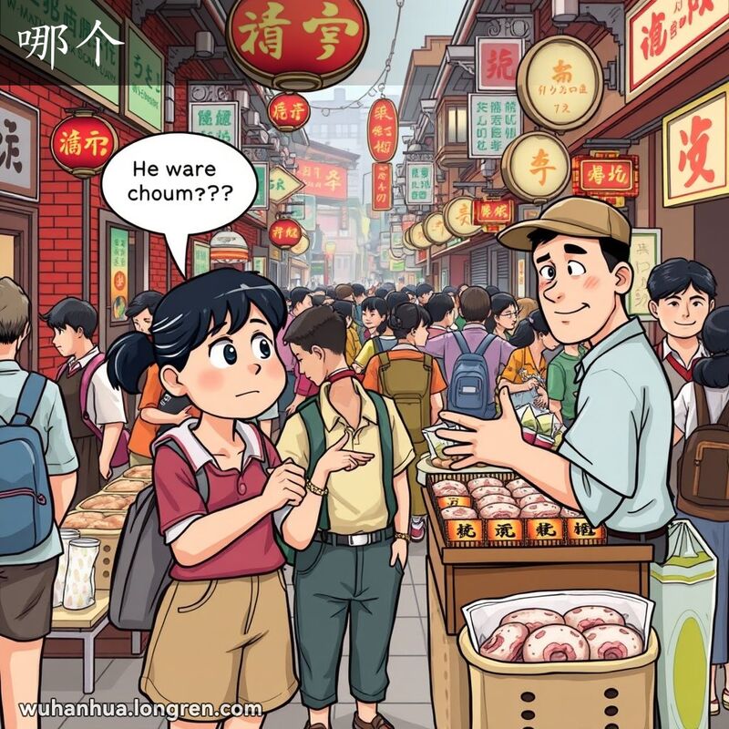 一位武汉居民在市场摊位前，指着商品询问摊主，背景是武汉老街景