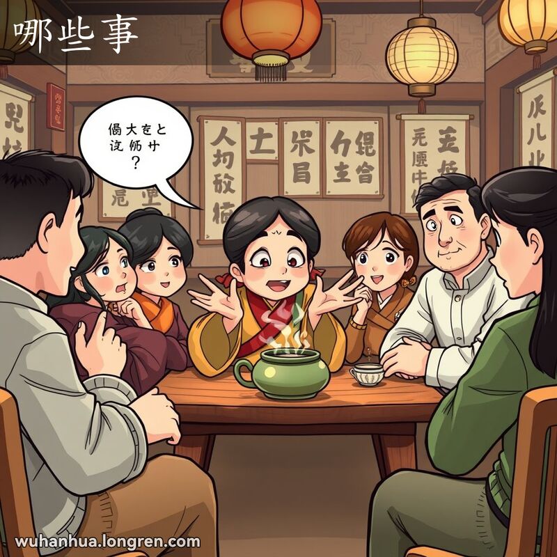 一群人在武汉茶馆里，一位中年妇女正在提问，其他人专注倾听，背景是传统中国装饰。