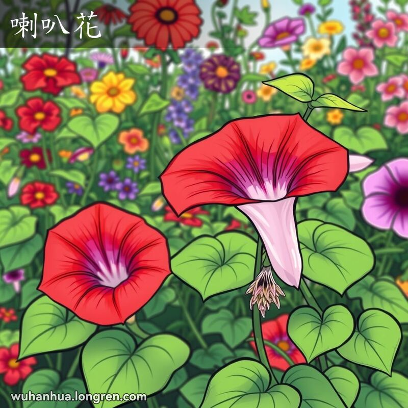 武汉花园中的喇叭花，花朵呈喇叭状，颜色鲜艳，背景有其他花朵和绿植