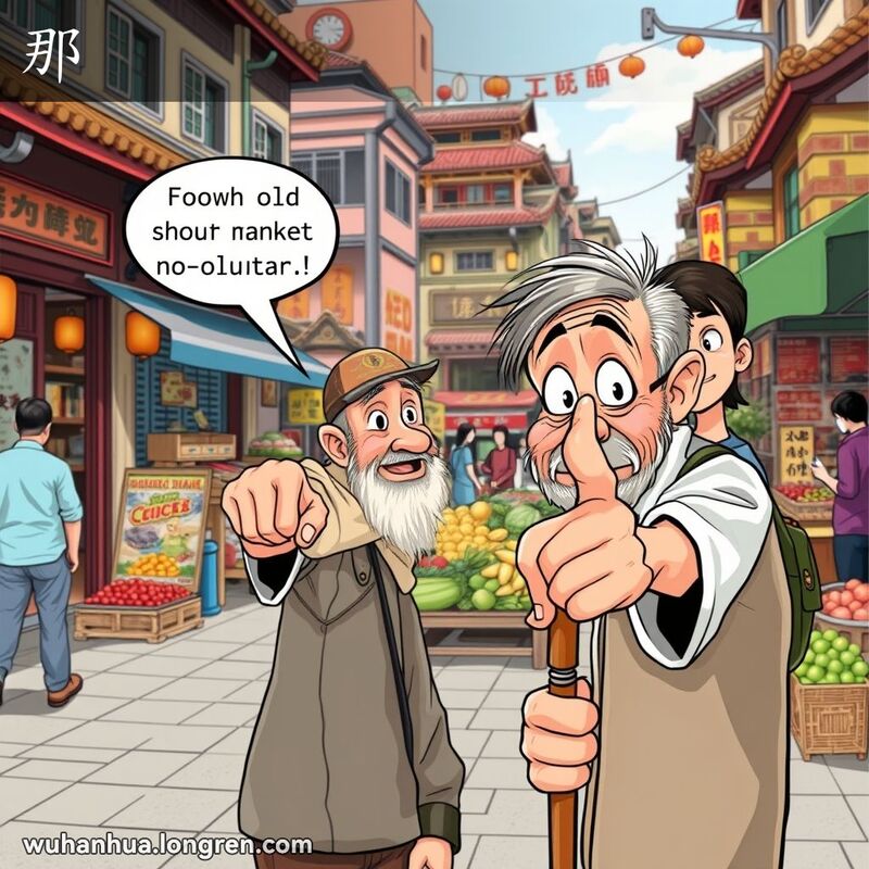 一位年轻人在武汉街头指着一位走过来的老人，背景是热闹的市场和传统建筑。