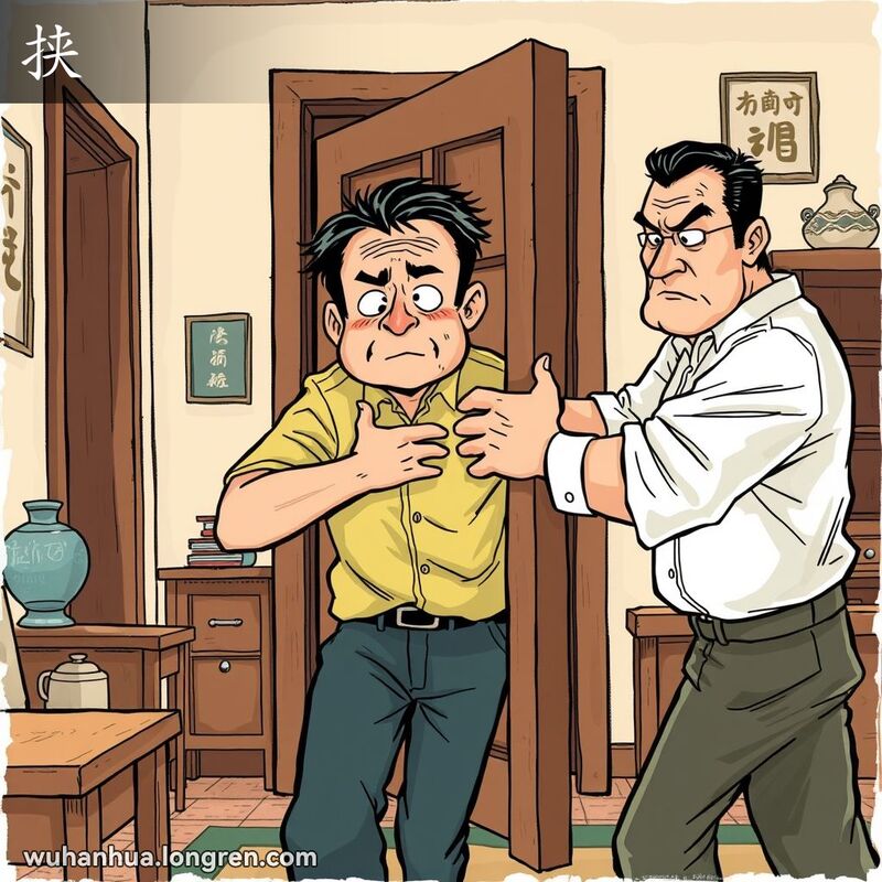 一个人被另一个人挡住门口，无法离开房间，表情挫败和无助。