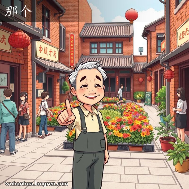 一位武汉市民站在街道上，指向远处一个花团锦簇的院子，脸上带着微笑，背景是武汉老街景。