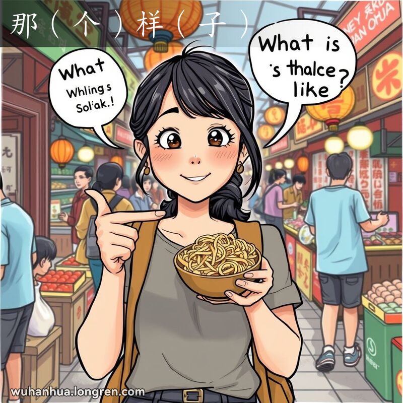 一位年轻的武汉女子在市场中手持热干面，脸上带着好奇的表情，背景是繁忙的市场摊位